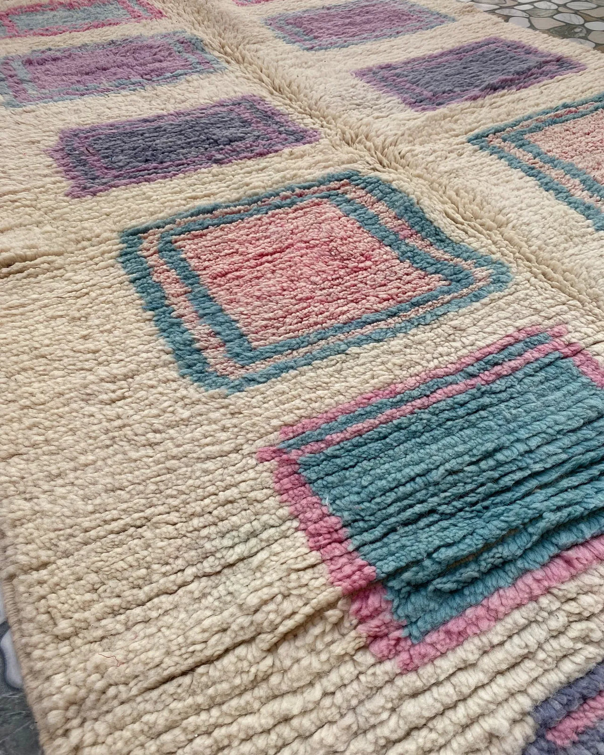 Pastel Square Moroccan Rug, close-up of the pattern in the wool