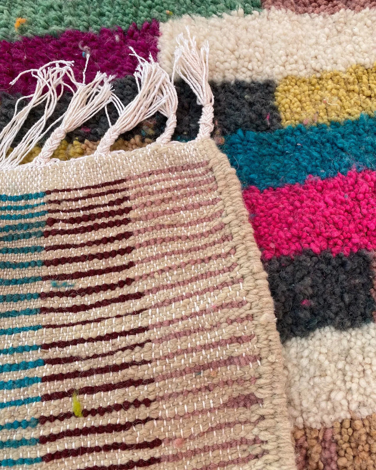 Patchwork Stripe Moroccan Rug, the back of the rug showing the hand-tied knots