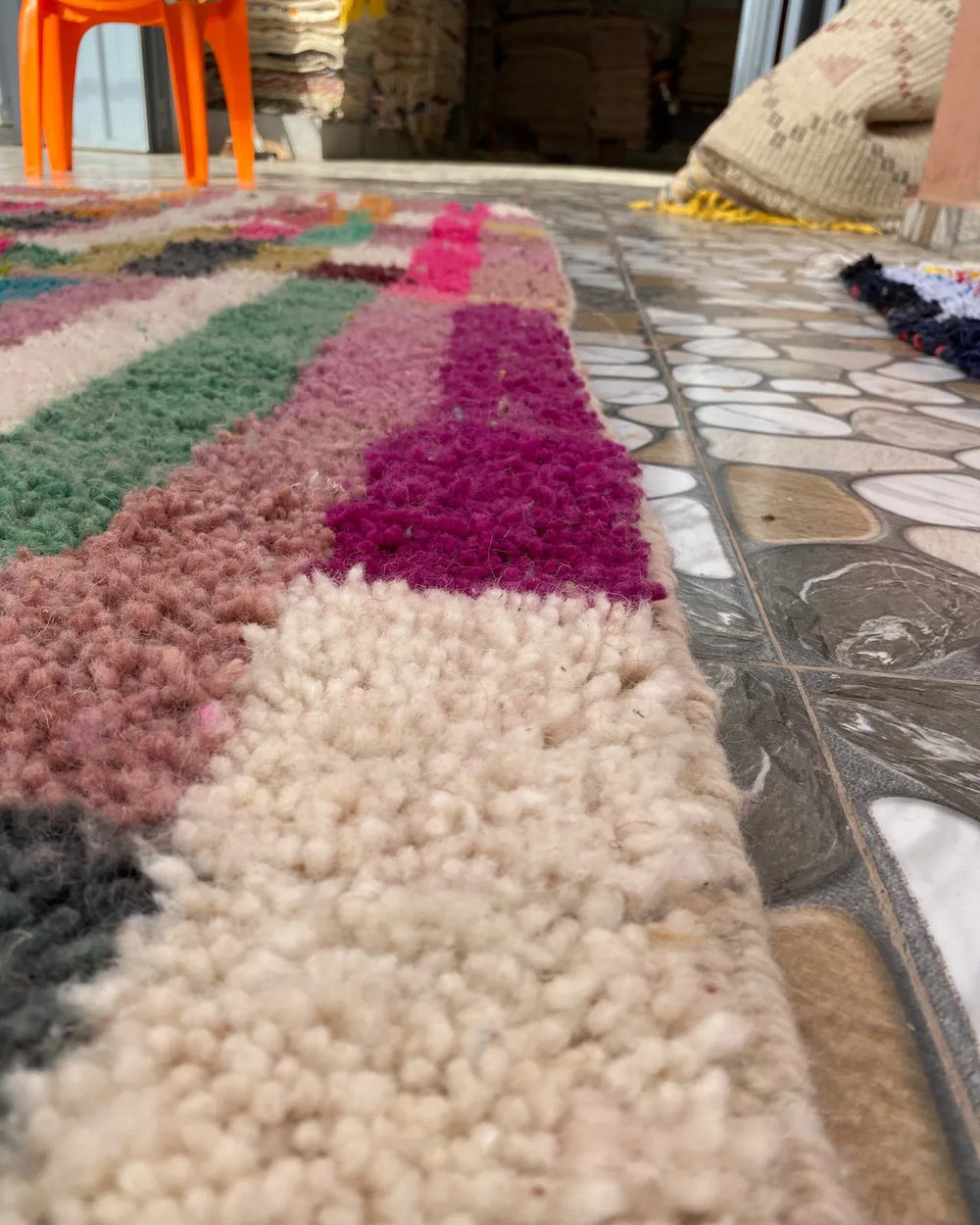 Patchwork Stripe Moroccan Rug, close-up of the pattern in the wool