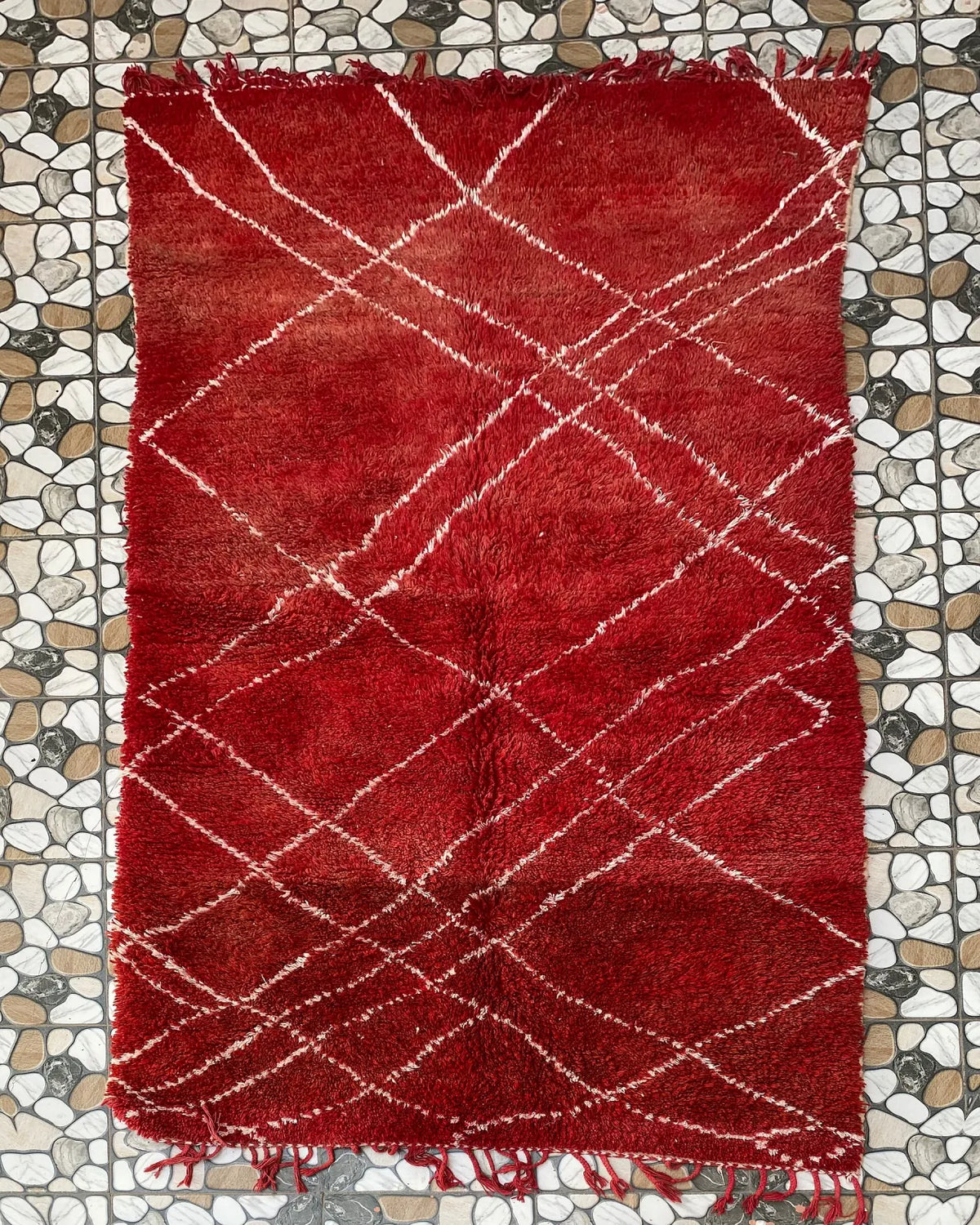 Red Lattice Beni Ourain Rug, full view laid flat on the workshop floor