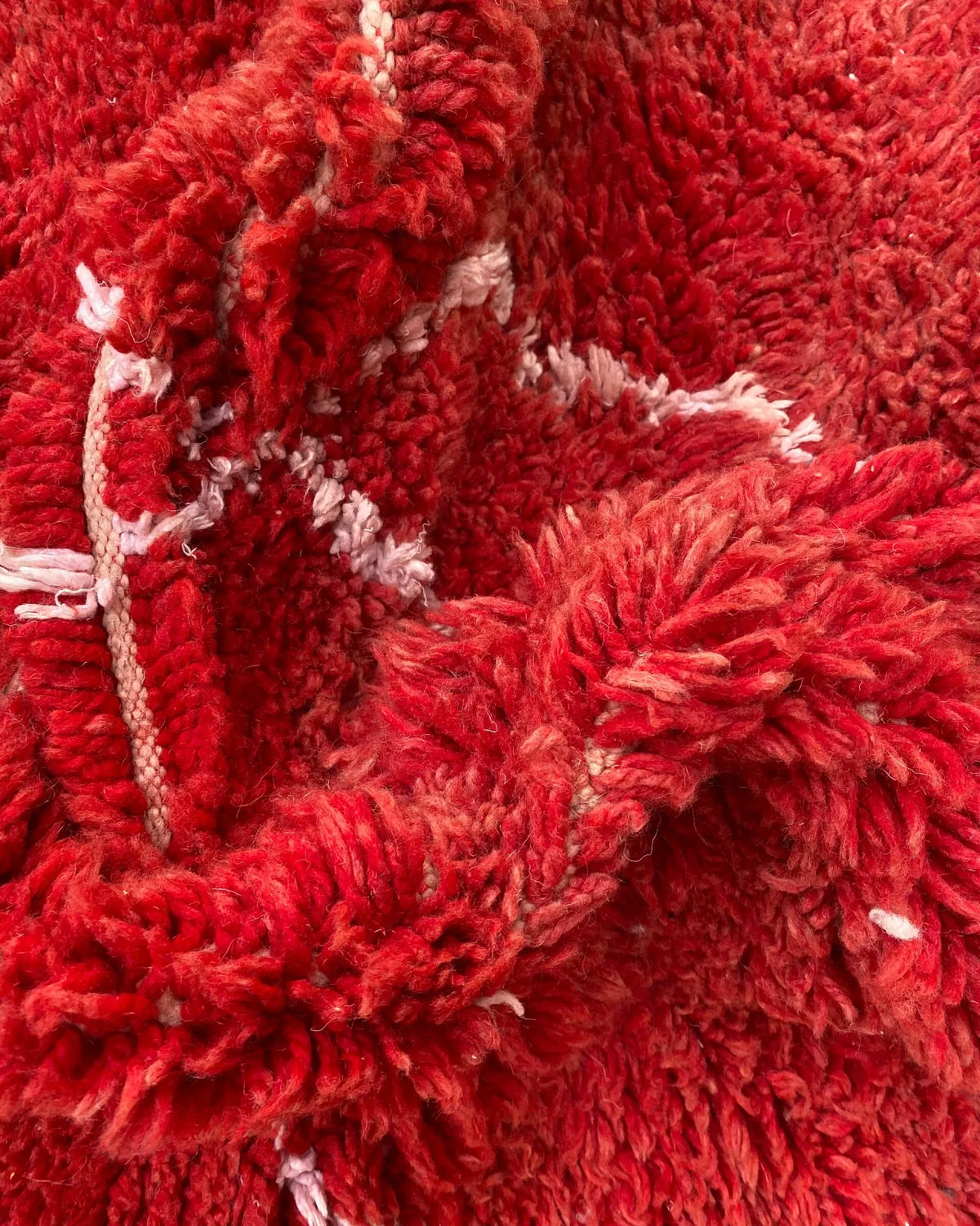 Red Lattice Beni Ourain Rug, close-up of the hand-knotted wool pile