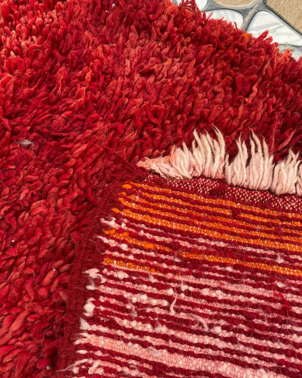 Red Shag Moroccan Runner, the back of the rug showing the hand-tied knots
