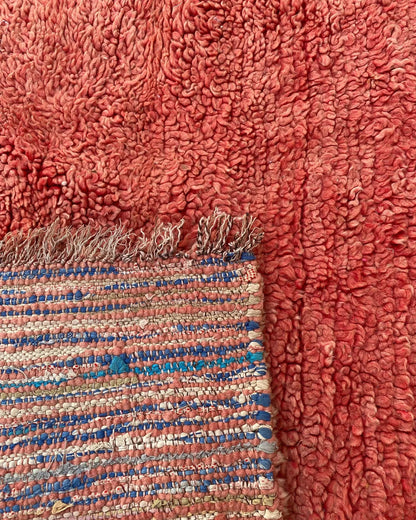 Rust Red Plain Beni Ourain Rug, the back of the rug showing the hand-tied knots