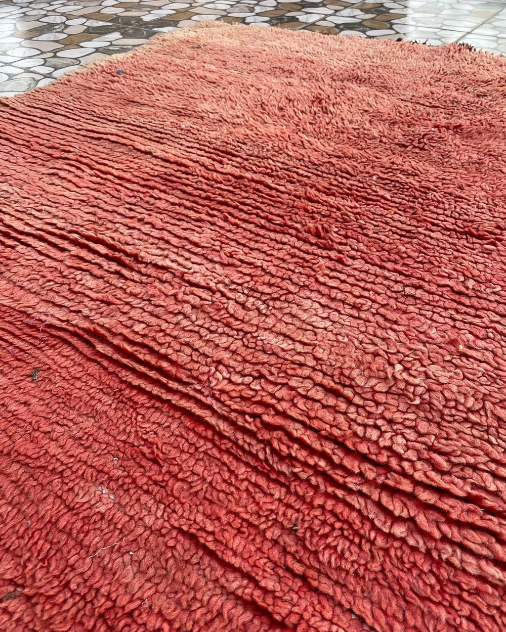 Rust Red Plain Beni Ourain Rug, close-up of the deep wool pile