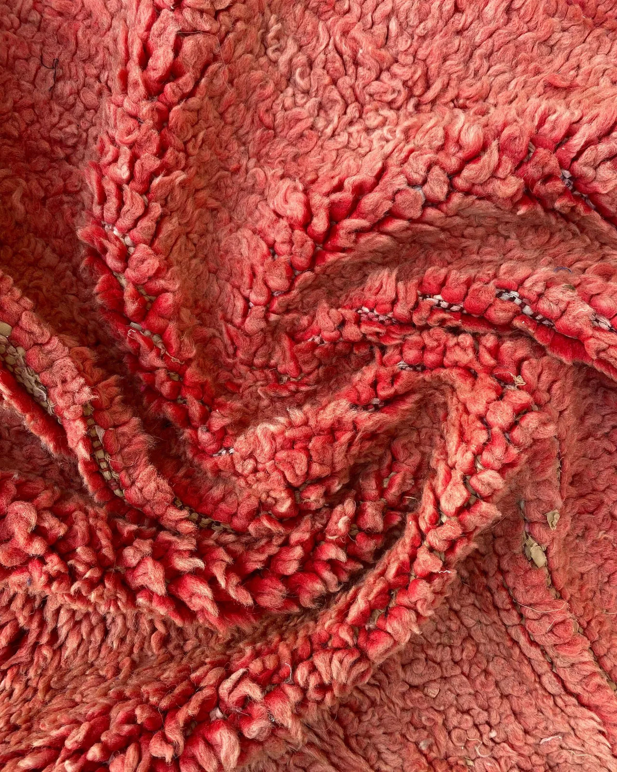 Rust Red Plain Beni Ourain Rug, close-up of the hand-knotted wool pile